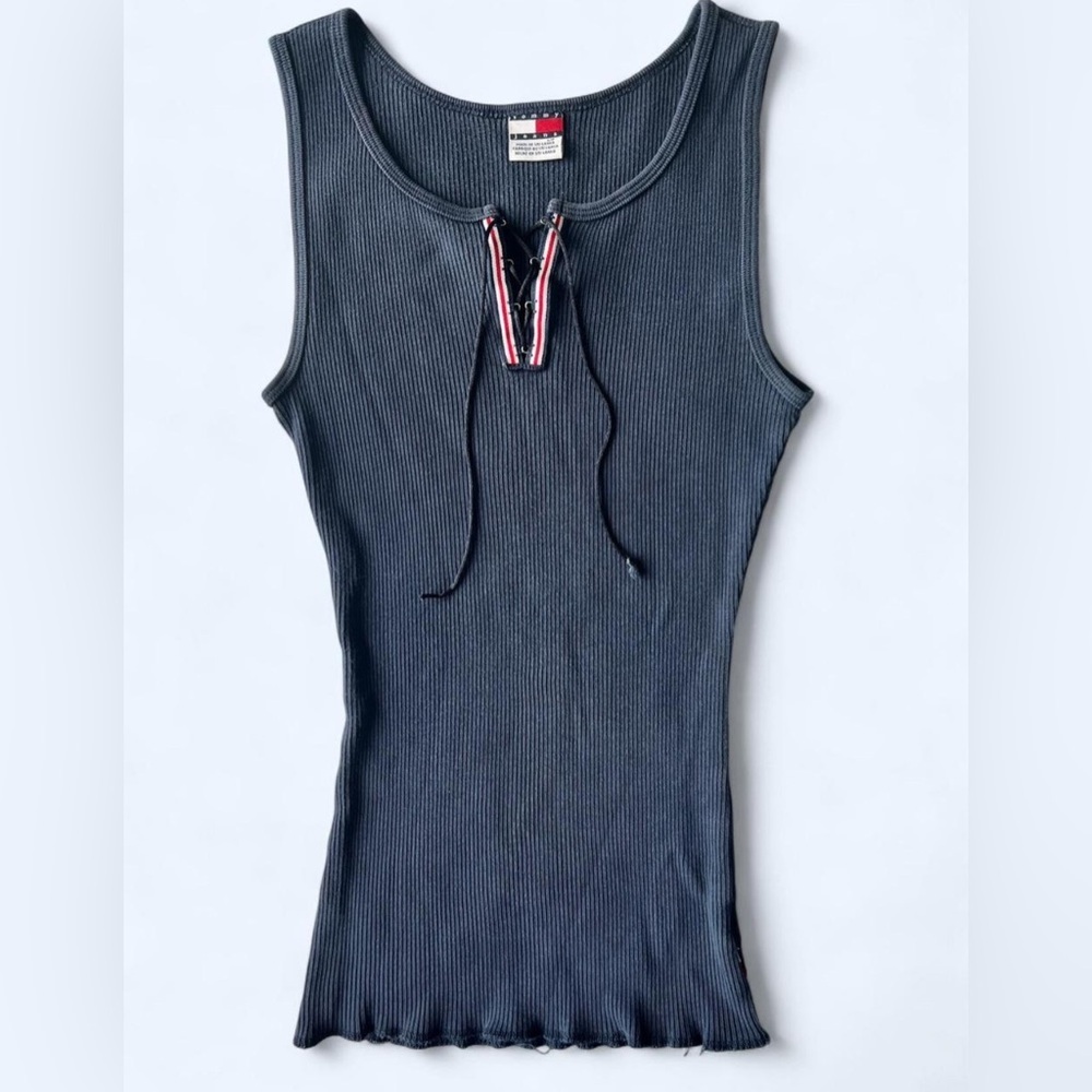Y2K‎ Navy Blue Ribbed Tommy Hilfiger Lace Up Preppy Tank Top Small